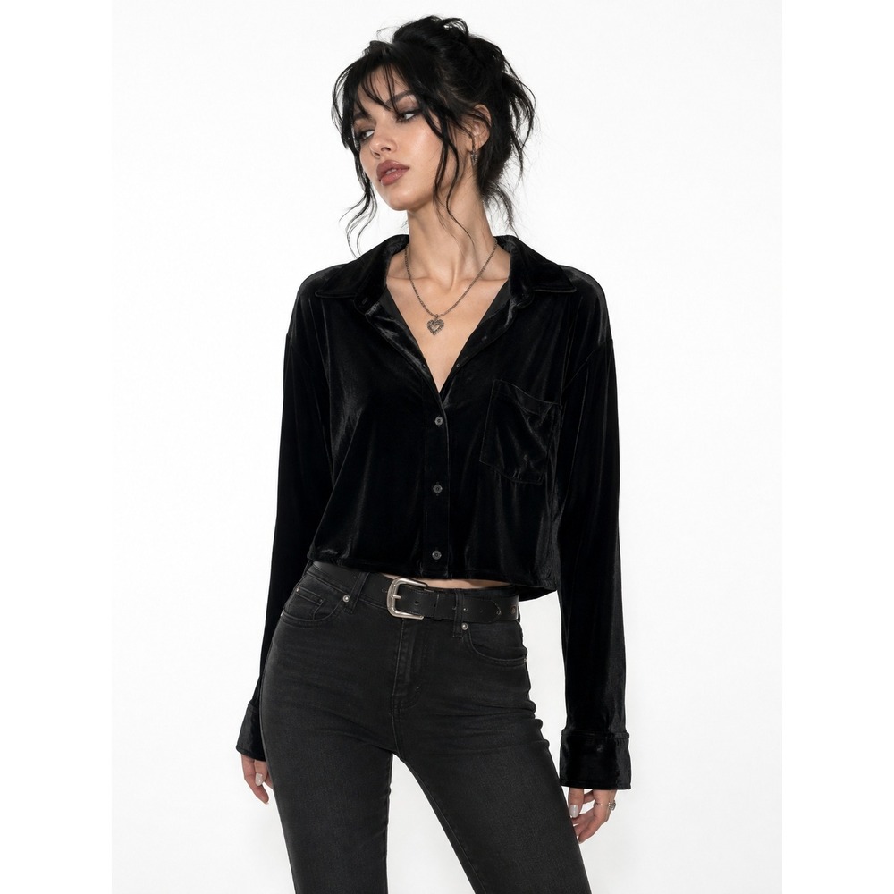 Black Velvet Cropped Button Down Shirt Medium NWT Dark Romantic Goth Holiday